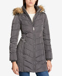 Tommy Hilfiger Women's Faux Fur Trim Hooded Chevron Puffer Coat Grey XS