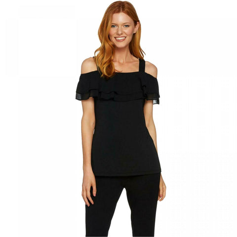 Susan Graver Women's Plus Size Premier Knit Tiered Ruffle Cold Shoulder Blouse