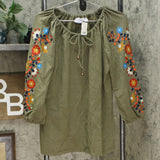 Denim & Co. French Terry Tie Front Embroidered Top