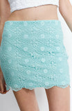 Marineblu Women's Junior Fit Aqua Crochet Lace Mini Skirt With Rhinestones
