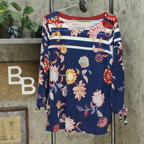 DG2 by Diane Gilman Women's 3/4 Tie Sleeve Printed Striped T-Shirt Navy Plus 1X