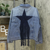 DG2 by Diane Gilman Women's Fringe Star Denim Jean Jacket Large Midtone