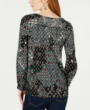 Style & Co. Women's Printed Smocked Boat-Neck Top Geotopia Large
