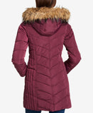Tommy Hilfiger Women's Faux Fur Trim Hooded Chevron Puffer Coat Aubergine Large