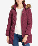 Tommy Hilfiger Women's Faux Fur Trim Hooded Chevron Puffer Coat Aubergine Large