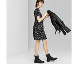 Wild Fable Women's Floral Puff Sleeve Round Neck Babydoll Dress Black Small