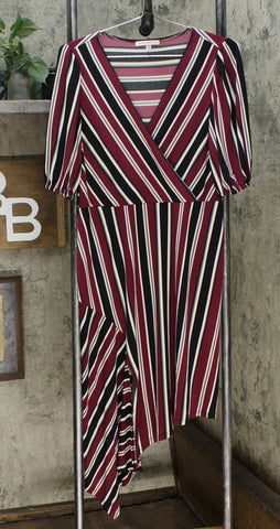 Tash + Sophie Women's Striped V Neck Dress With Asymmetric Hem Burgundy Medium