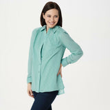 Denim & Co. Women's Solid Clip Dot Button Front Blouse Seafoam Small