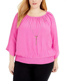 JM Collection Plus Size Crochet Sleeve Necklace Popover Top