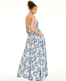 Speechless Juniors' Metallic Floral Brocade Halter Gown Blue / Gold 15