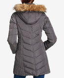 Tommy Hilfiger Women's Faux Fur Trim Hooded Chevron Puffer Coat Grey XS