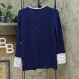 Isaac Mizrahi Live! V Neck Sweater With Layered Stripe Sleeve Navy Medium