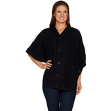 Denim & Co. Stand Collar Button Front Cable Detail Poncho Sweater Black Small