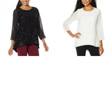 Slinky Brand Women's 3/4-Sleeve Embroidered Sequin Tunic Blouse