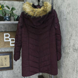 Tommy Hilfiger Women's Faux Fur Trim Hooded Chevron Puffer Coat Aubergine Large