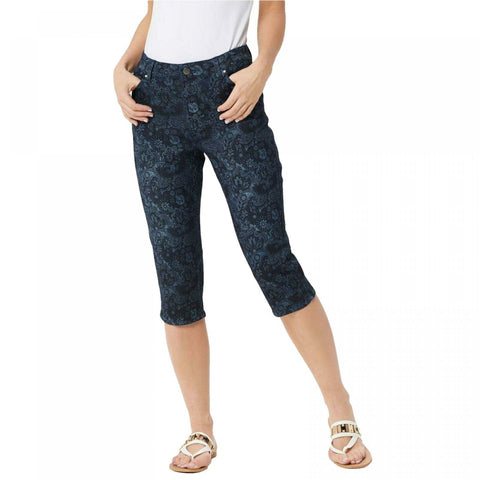 Susan Graver Women's Plus Print High Stretch Denim Pedal Pusher Jeans