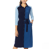 Nina Leonard Women's 3/4 Sleeve Button-Down Shirt Dress Blue Large
