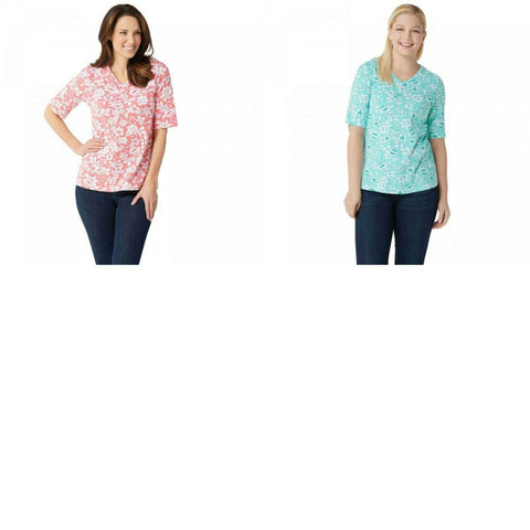 Denim & Co. Women's Floral V-Neck Elbow-Sleeve Jersey Knit Top