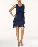 SL Fashions Women's Embellished Tiered Chiffon Dress. 112296 Navy 10