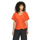 Prologue Women's Short Sleeve Pleated Waist Blouse Shirt Top