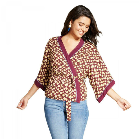 Xhilaration Women's Floral Wrap Kimono Maroon Medium