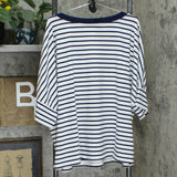Rachel Hollis Women's Relaxed V Neck Stripe T-Shirt Navy 2X