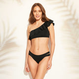 Kona Sol Women's Ruffle One Shoulder Bikini Top Black Medium