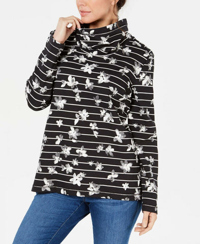 Karen Scott Women's Floral Stripe Funnel Neck French Terry Top