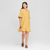 Loramendi Women's Short Sleeve Ruffle Gauze Linen Shift Dress