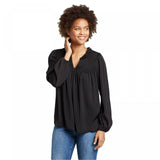 Knox Rose Women's Long Sleeve Split Neck Satin Blouse With Smocking