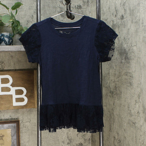 DG2 by Diane Gilman Women's Lace Detail Ruffle T-Shirt Navy XS