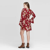 Xhilaration Floral Print Deep V-Neck Long Bell Sleeve Lace Trim Mini Dress