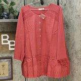 LOGO by Lori Goldstein Women's Plus Lavish Button-Front Top with Knit Sleeves