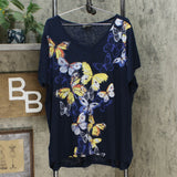 DG2 by Diane Gilman Burnout Printed And Embellished Top Navy Butterfly Plus 2X