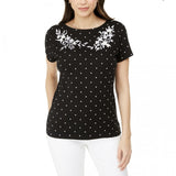 Karen Scott Women's Printed Embroidered Boat Neck Cotton Top