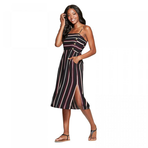 Xhilaration Women's Striped Sleeveless Square Neck Side Button Midi Dress