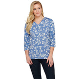 Denim & Co. Women's Printed 3/4 Sleeve V Neck Knit Top Dark Chambray Large
