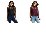 Xhilaration Women's Long Sleeve Lace Lined Mockneck Blouse Top