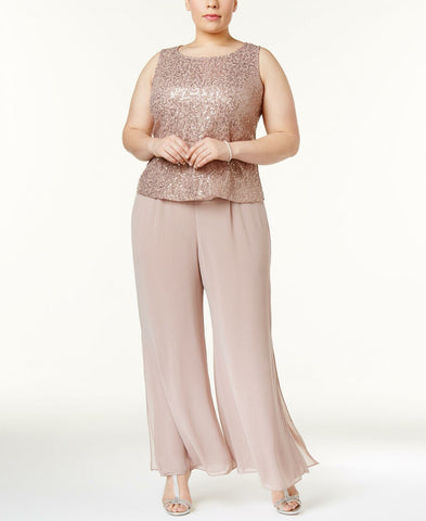 SL Fashions Women's Plus Size 2 Pc Sequined Lace Top / Pants Cashmere 16W