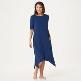 Cuddl Duds Elbow Sleeve Handkerchief Hem Dress Navy Plus 3X Petite