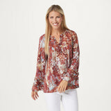 NWT Belle By Kim Gravel Women's Tapestry Print Ruffle V-Neck Blouse. A367279 L