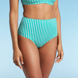 Kona Sol Women's Striped Mid Coverage High Waisted Bikini Bottom