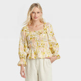 Who What Wear Balloon 3/4 Sleeve Smocked Peplum Top Beige Floral Brown XXL