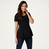 Isaac Mizrahi Live! Short-Sleeve Seamed Peplum Knit Top Black Plus 1X