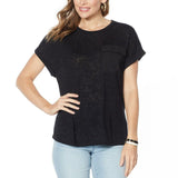DG2 by Diane Gilman Women's Slub Burnout Pocket T-Shirt Black Plus 1X