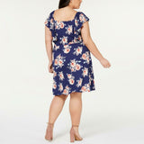 Monteau Trendy Plus Size Printed Sweetheart Dress Navy Floral 3X