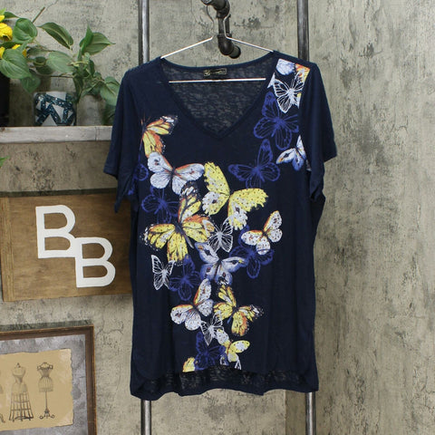 DG2 by Diane Gilman Burnout Printed And Embellished Top Navy Butterfly XL