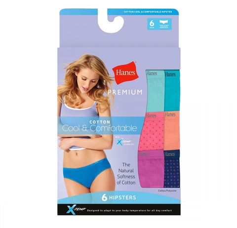 Hanes Premium Women's 6 Pack Cool and Comfortable Cotton Hipster Panties