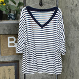 Rachel Hollis Women's Relaxed V Neck Stripe T-Shirt Navy 2X