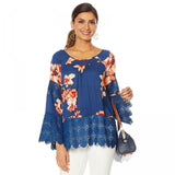 Curations Women's Plus Size Printed Gauze Lace Trimmed Blouse